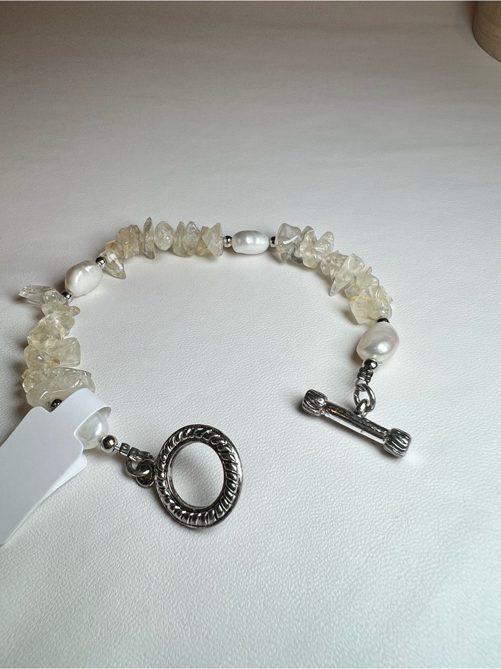 NWOT Baroque freshwater pearl clear quartz toggle clasp wired bracelet - Picture 5 of 7